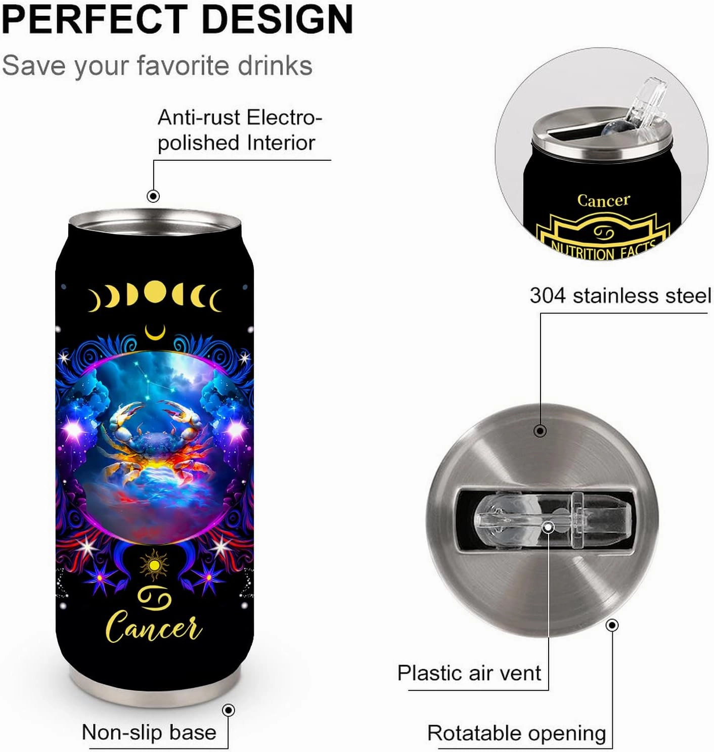 Cancer Constellation Tumbler - Zodiac Stainless Steel Cup for Men Women Astrology Fans - Birthday Gifts With Straw Lid - 17 Oz Coffee Mug Car Cup