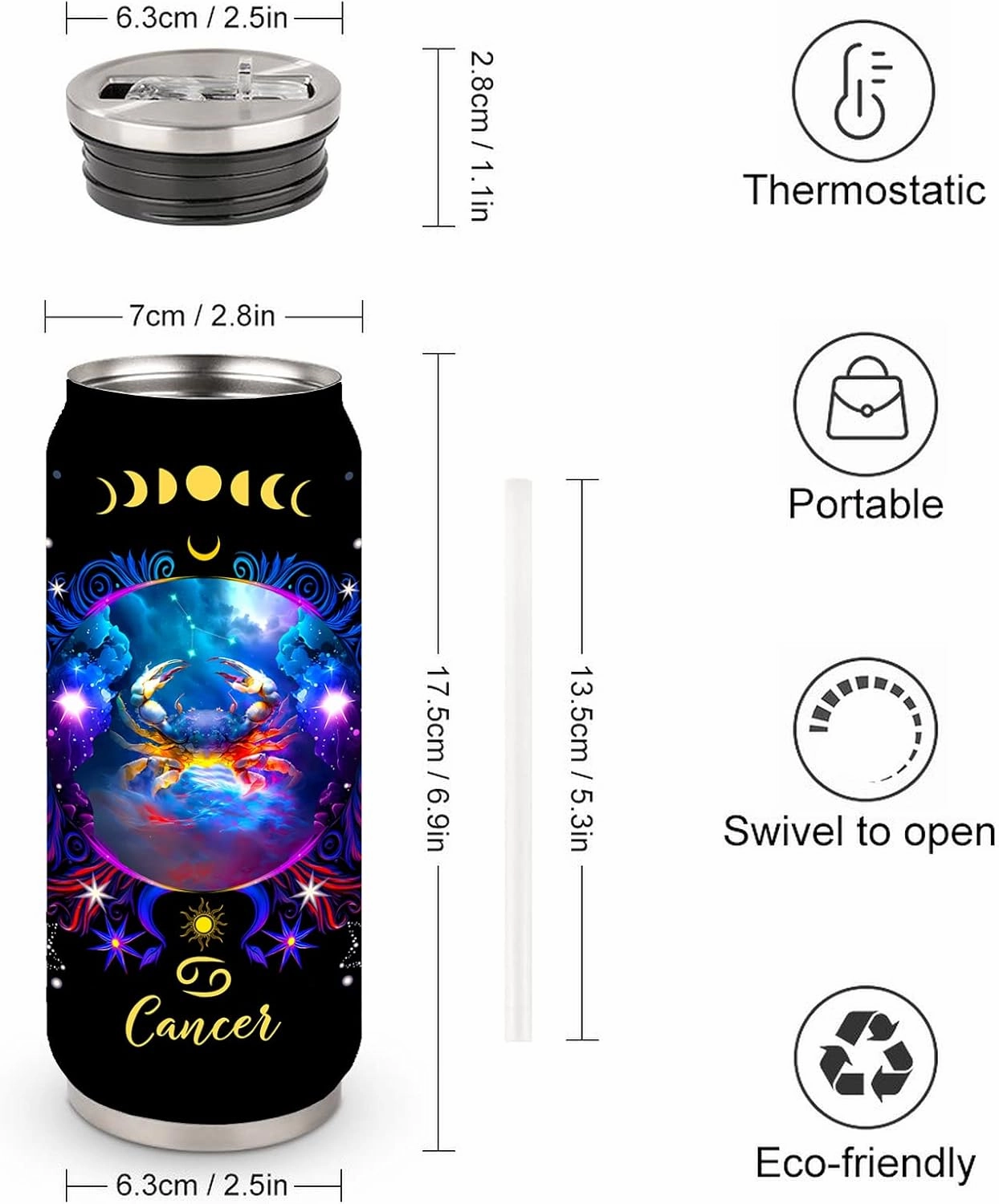 Cancer Constellation Tumbler - Zodiac Stainless Steel Cup for Men Women Astrology Fans - Birthday Gifts With Straw Lid - 17 Oz Coffee Mug Car Cup
