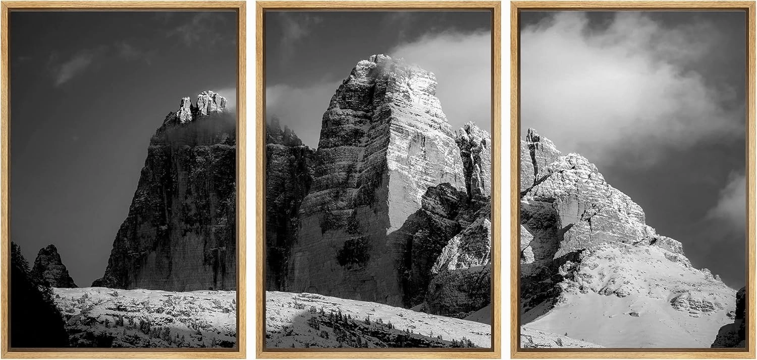 Canvas Print Wall Art Set Mountain Top Below White Clouds Nature Wilderness Photography Realism Southwest Landscape Ultra Black and White for Living Room, Bedroom, Office - 24"x36"x3 Natural