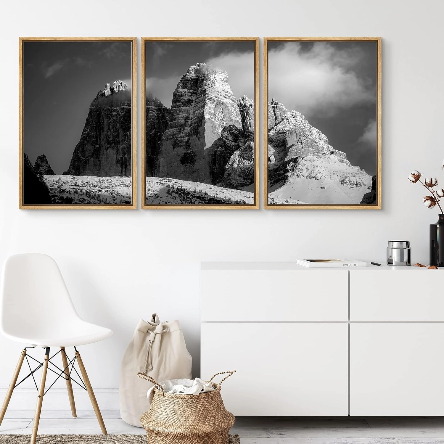Canvas Print Wall Art Set Mountain Top Below White Clouds Nature Wilderness Photography Realism Southwest Landscape Ultra Black and White for Living Room, Bedroom, Office - 24"x36"x3 Natural