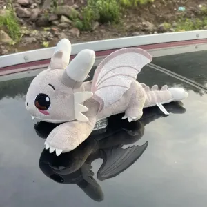 Car Accessory Little Flying Dragon Plush, Car Exterior Cool Car Roof Decoration Toy, Ornamen Accessories with Suction Cup, Flying Dragon Stuffed Plush Animal with Movable Wings-White 13 Inch