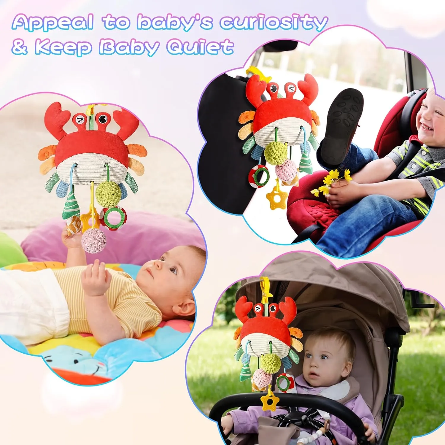 Car Seat Toys for Babies 0-6 Months, Crab Stroller Toy with Clamp,Mirror, Little Bell, Rattles, Crinkle, Squeaky,Baby Newborn Toys for 3-6 Months,Best Baby Ideal Gift for Ages 0 and Up