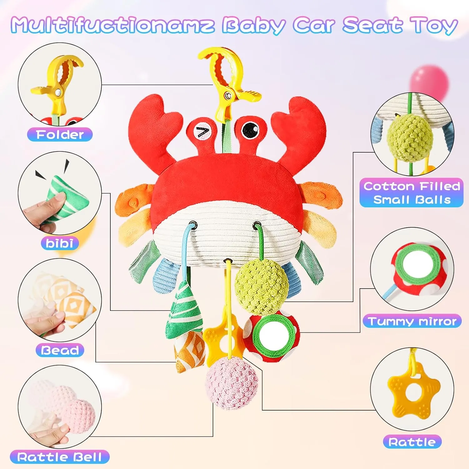 Car Seat Toys for Babies 0-6 Months, Crab Stroller Toy with Clamp,Mirror, Little Bell, Rattles, Crinkle, Squeaky,Baby Newborn Toys for 3-6 Months,Best Baby Ideal Gift for Ages 0 and Up