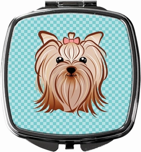 Caroline's Treasures BB1142SCM Checkerboard Blue Yorkie Yorkishire Terrier Compact Mirror Decorative Travel Makeup Mirror for Women Girls Gifts Pocket Makeup Mirror Folding Handheld