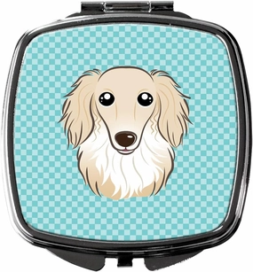 Caroline's Treasures BB1150SCM Checkerboard Blue Longhair Creme Dachshund Compact Mirror Decorative Travel Makeup Mirror for Women Girls Gifts Pocket Makeup Mirror Folding Handheld