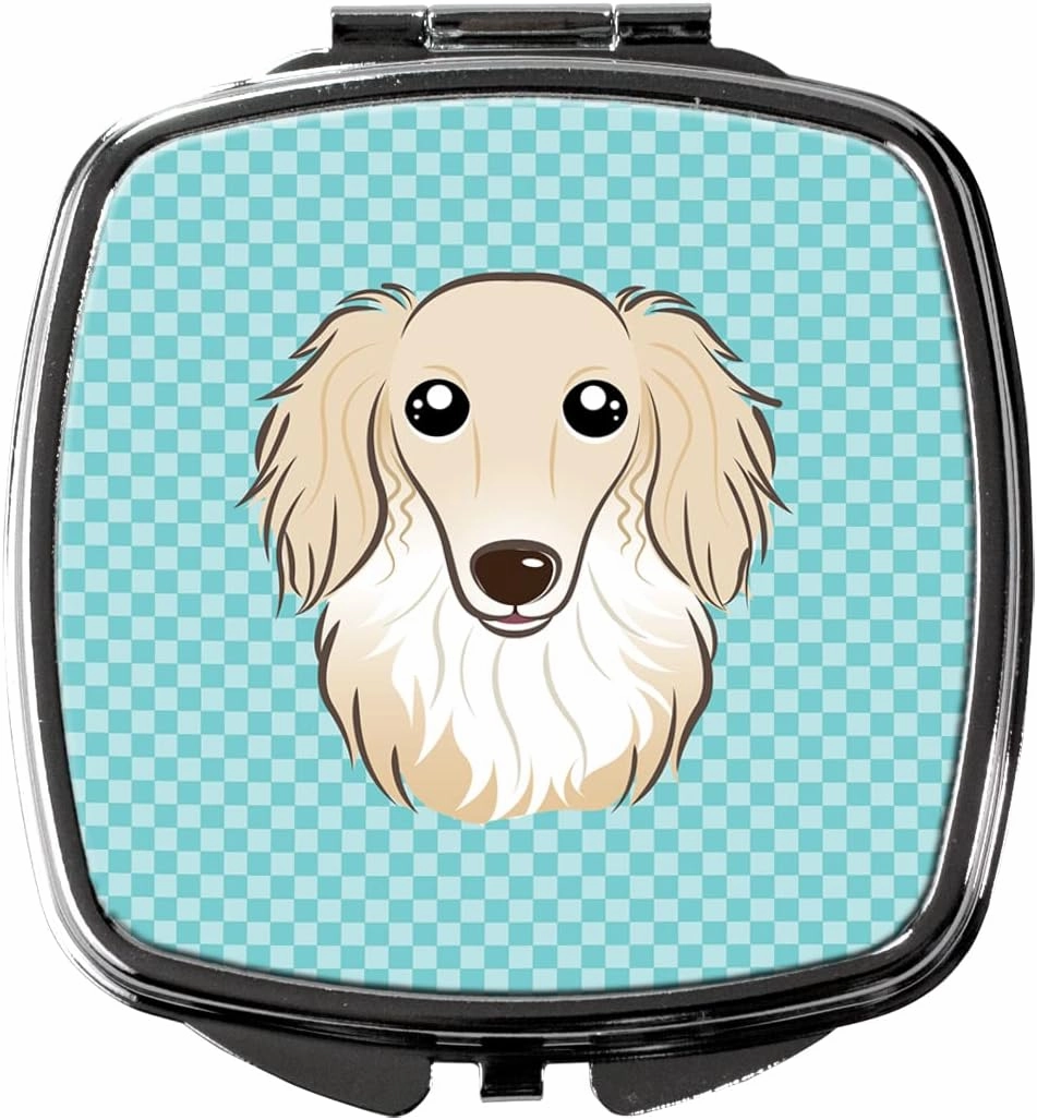 Caroline's Treasures BB1150SCM Checkerboard Blue Longhair Creme Dachshund Compact Mirror Decorative Travel Makeup Mirror for Women Girls Gifts Pocket Makeup Mirror Folding Handheld
