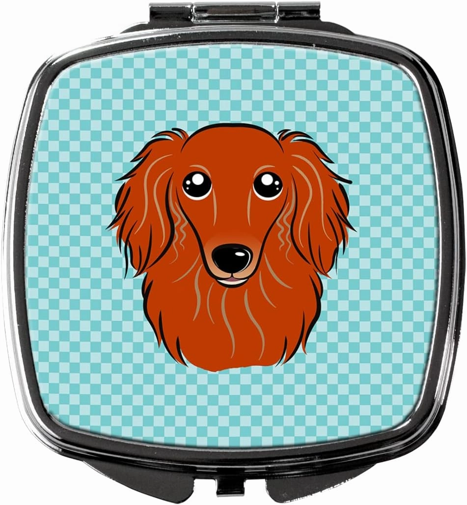 Caroline's Treasures BB1152SCM Checkerboard Blue Longhair Red Dachshund Compact Mirror Decorative Travel Makeup Mirror for Women Girls Gifts Pocket Makeup Mirror Folding Handheld