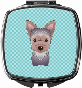 Caroline's Treasures BB1170SCM Checkerboard Blue Yorkie Puppy Compact Mirror Decorative Travel Makeup Mirror for Women Girls Gifts Pocket Makeup Mirror Folding Handheld