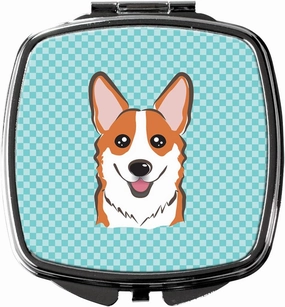Caroline's Treasures BB1192SCM Checkerboard Blue Corgi Compact Mirror Decorative Travel Makeup Mirror for Women Girls Gifts Pocket Makeup Mirror Folding Handheld