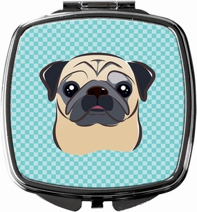 Caroline's Treasures BB1200SCM Checkerboard Blue Fawn Pug Compact Mirror Decorative Travel Makeup Mirror for Women Girls Gifts Pocket Makeup Mirror Folding Handheld