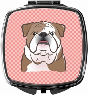 Caroline's Treasures BB1219SCM Checkerboard Pink English Bulldog Compact Mirror Decorative Travel Makeup Mirror for Women Girls Gifts Pocket Makeup Mirror Folding Handheld