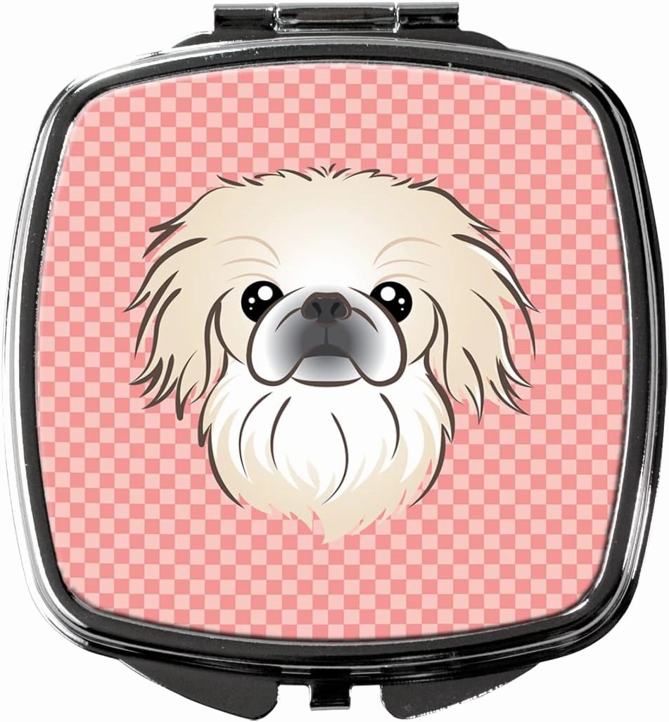 Caroline's Treasures BB1221SCM Checkerboard Pink Pekingese Compact Mirror Decorative Travel Makeup Mirror for Women Girls Gifts Pocket Makeup Mirror Folding Handheld