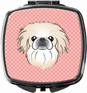Caroline's Treasures BB1221SCM Checkerboard Pink Pekingese Compact Mirror Decorative Travel Makeup Mirror for Women Girls Gifts Pocket Makeup Mirror Folding Handheld