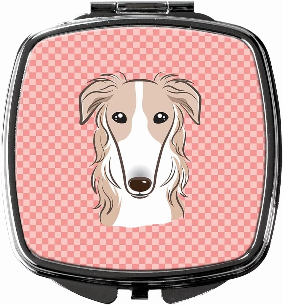 Caroline's Treasures BB1228SCM Checkerboard Pink Borzoi Compact Mirror Decorative Travel Makeup Mirror for Women Girls Gifts Pocket Makeup Mirror Folding Handheld