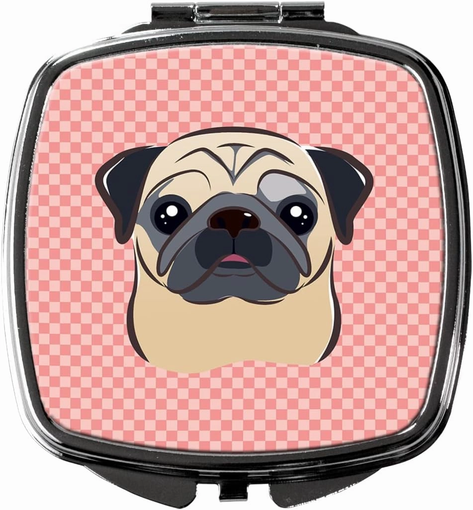 Caroline's Treasures BB1262SCM Checkerboard Pink Fawn Pug Compact Mirror Decorative Travel Makeup Mirror for Women Girls Gifts Pocket Makeup Mirror Folding Handheld