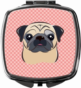 Caroline's Treasures BB1262SCM Checkerboard Pink Fawn Pug Compact Mirror Decorative Travel Makeup Mirror for Women Girls Gifts Pocket Makeup Mirror Folding Handheld