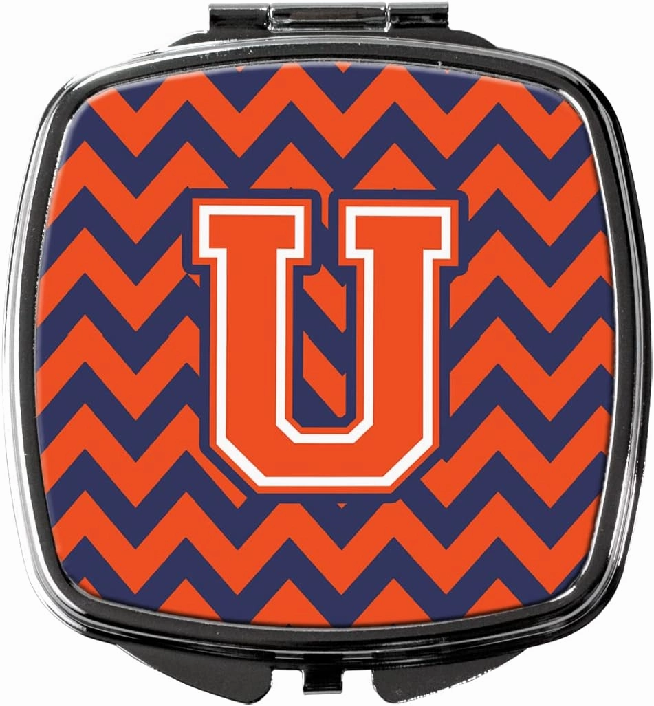Caroline's Treasures CJ1042-USCM Letter U Chevron Orange and Blue Compact Mirror Decorative Travel Makeup Mirror for Women Girls Gifts Pocket Makeup Mirror Folding Handheld