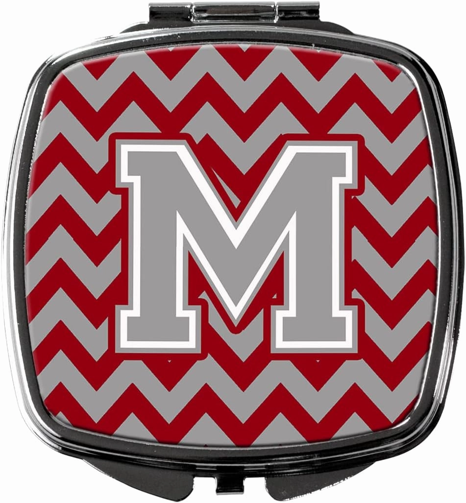 Caroline's Treasures CJ1043-MSCM Letter M Chevron Crimson and Grey Compact Mirror Decorative Travel Makeup Mirror for Women Girls Gifts Pocket Makeup Mirror Folding Handheld