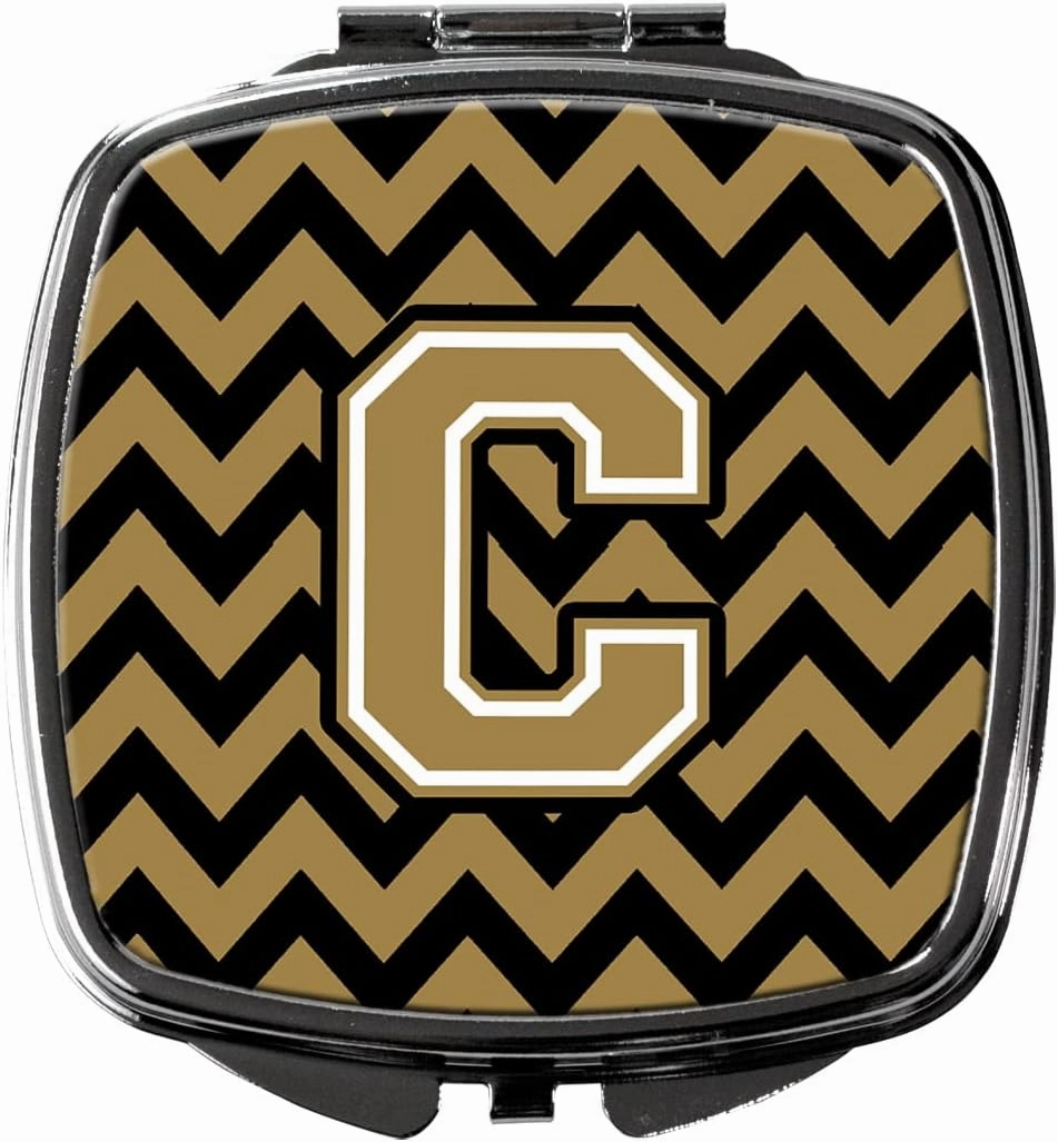 Caroline's Treasures CJ1050-CSCM Letter C Chevron Black and Gold Compact Mirror Decorative Travel Makeup Mirror for Women Girls Gifts Pocket Makeup Mirror Folding Handheld