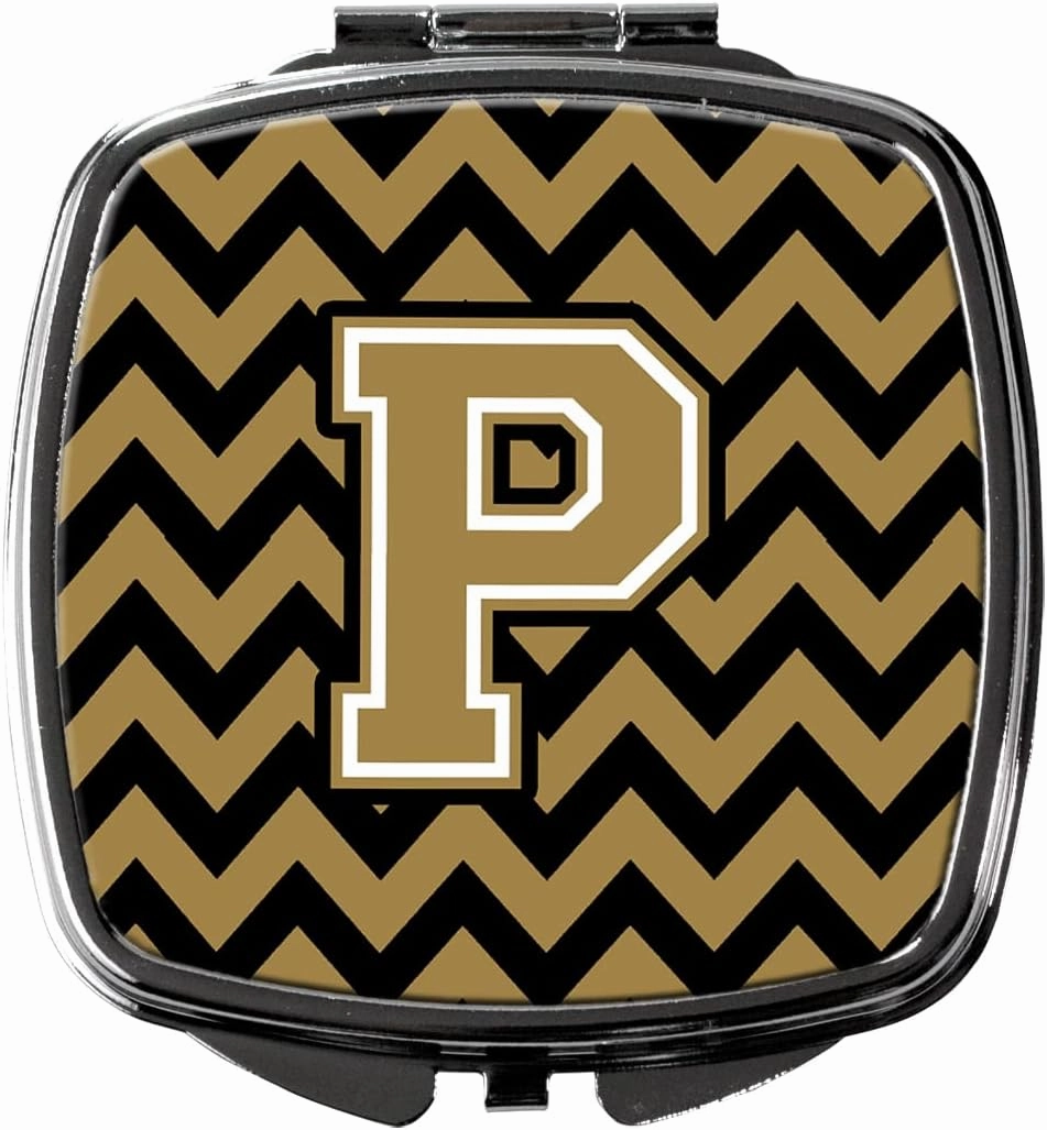 Caroline's Treasures CJ1050-PSCM Letter P Chevron Black and Gold Compact Mirror Decorative Travel Makeup Mirror for Women Girls Gifts Pocket Makeup Mirror Folding Handheld