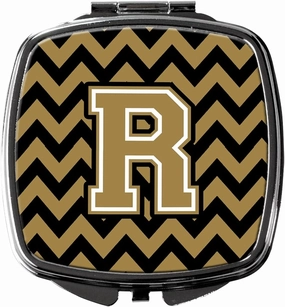 Caroline's Treasures CJ1050-RSCM Letter R Chevron Black and Gold Compact Mirror Decorative Travel Makeup Mirror for Women Girls Gifts Pocket Makeup Mirror Folding Handheld