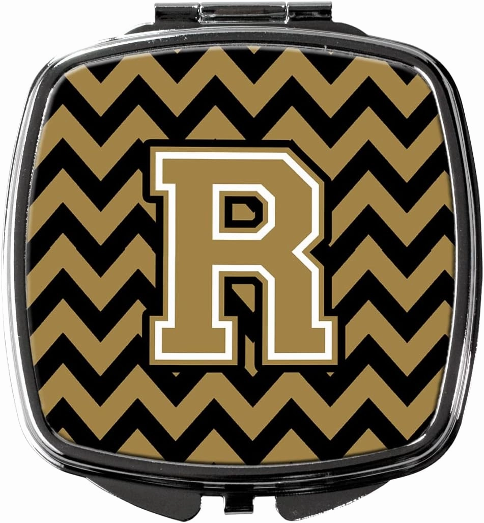Caroline's Treasures CJ1050-RSCM Letter R Chevron Black and Gold Compact Mirror Decorative Travel Makeup Mirror for Women Girls Gifts Pocket Makeup Mirror Folding Handheld