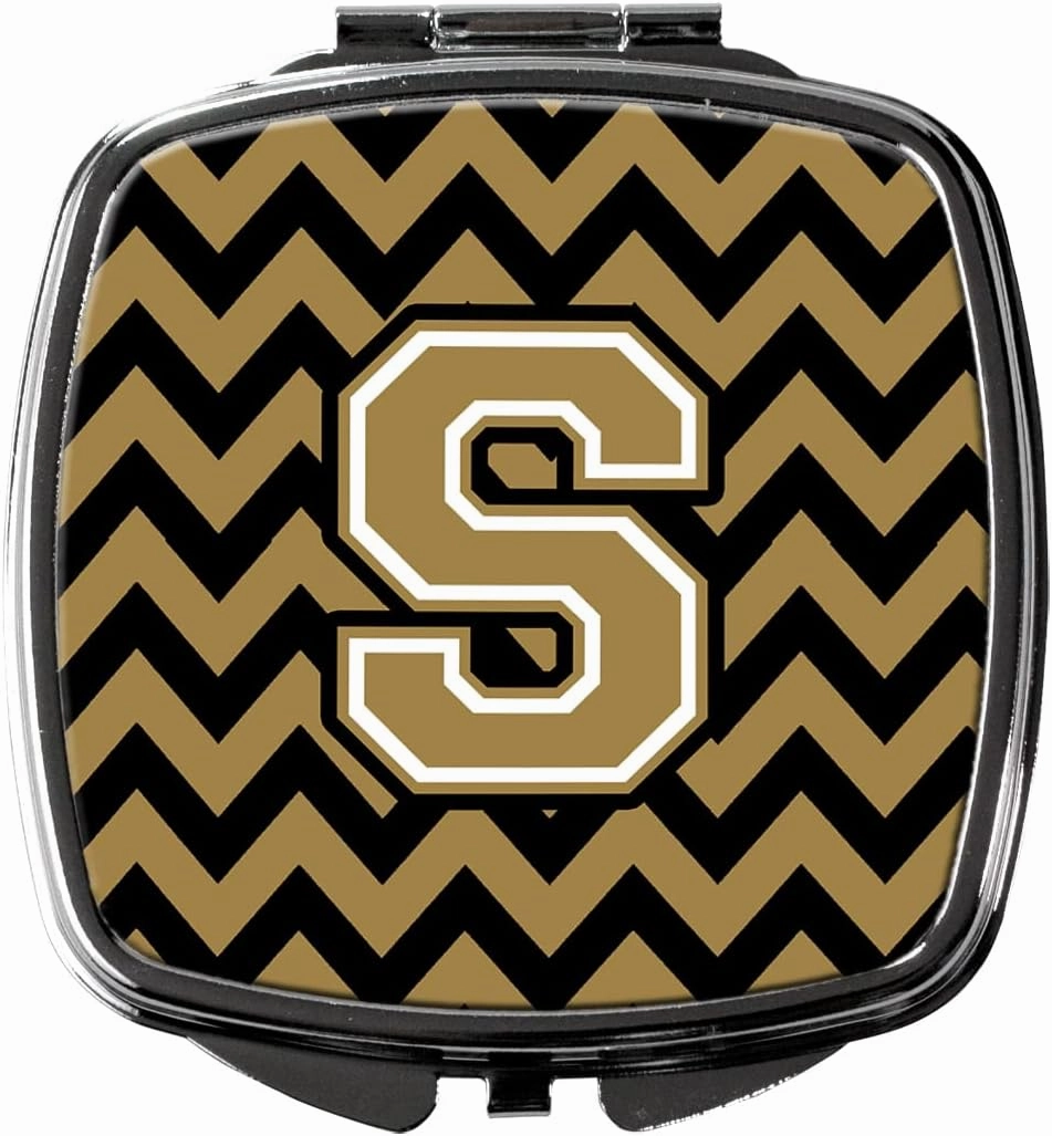 Caroline's Treasures CJ1050-SSCM Letter S Chevron Black and Gold Compact Mirror Decorative Travel Makeup Mirror for Women Girls Gifts Pocket Makeup Mirror Folding Handheld