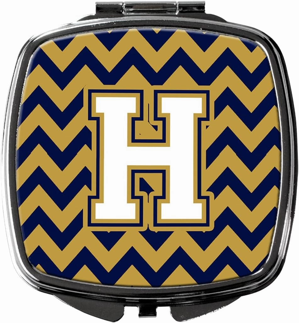 Caroline's Treasures CJ1057-HSCM Letter H Chevron Navy Blue and Gold Compact Mirror Decorative Travel Makeup Mirror for Women Girls Gifts Pocket Makeup Mirror Folding Handheld