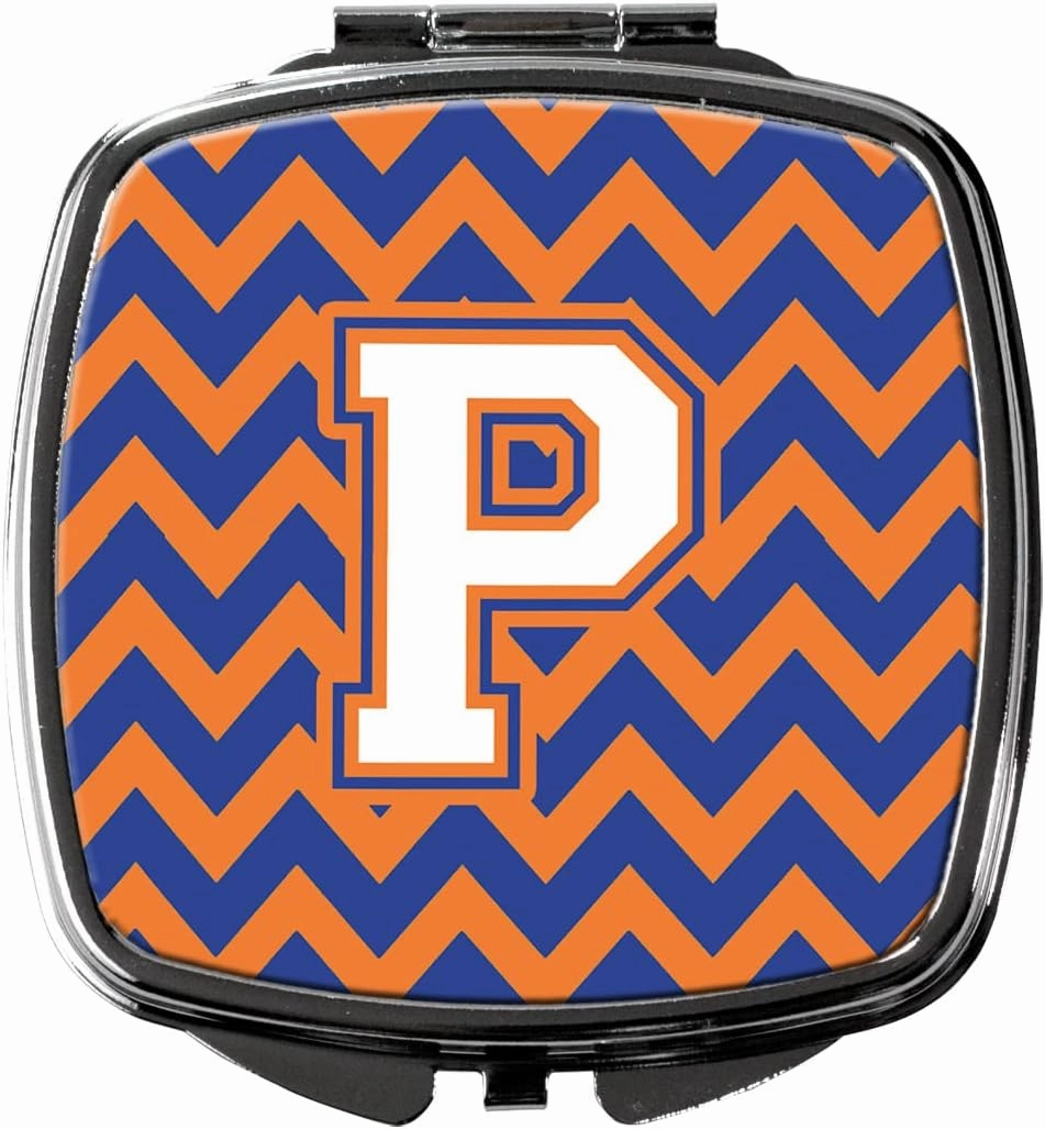 Caroline's Treasures CJ1060-PSCM Letter P Chevron Blue and Orange #3 Compact Mirror Decorative Travel Makeup Mirror for Women Girls Gifts Pocket Makeup Mirror Folding Handheld