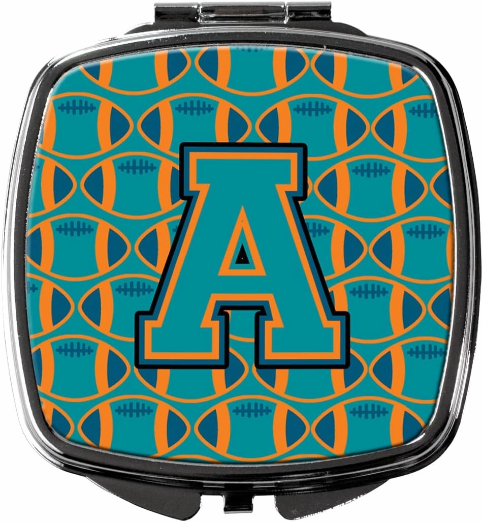 Caroline's Treasures CJ1063-ASCM Letter A Football Aqua, Orange and Marine Blue Compact Mirror Decorative Travel Makeup Mirror for Women Girls Gifts Pocket Makeup Mirror Folding Handheld