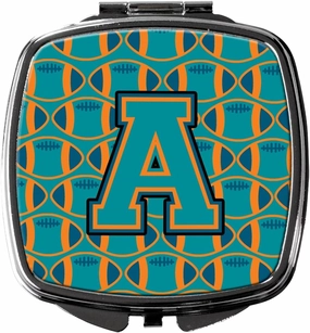 Caroline's Treasures CJ1063-ASCM Letter A Football Aqua, Orange and Marine Blue Compact Mirror Decorative Travel Makeup Mirror for Women Girls Gifts Pocket Makeup Mirror Folding Handheld
