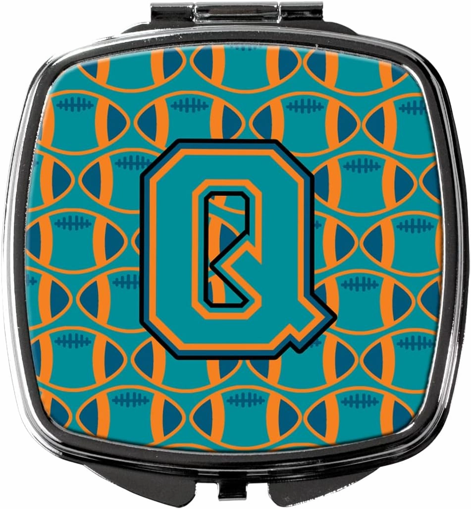 Caroline's Treasures CJ1063-QSCM Letter Q Football Aqua, Orange and Marine Blue Compact Mirror Decorative Travel Makeup Mirror for Women Girls Gifts Pocket Makeup Mirror Folding Handheld