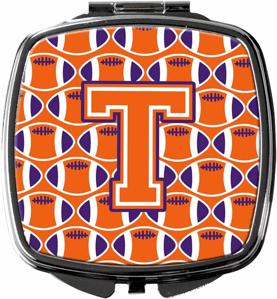 Caroline's Treasures CJ1072-TSCM Letter T Football Orange, White and Regalia Compact Mirror Decorative Travel Makeup Mirror for Women Girls Gifts Pocket Makeup Mirror Folding Handheld