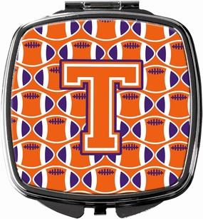 Caroline's Treasures CJ1072-TSCM Letter T Football Orange, White and Regalia Compact Mirror Decorative Travel Makeup Mirror for Women Girls Gifts Pocket Makeup Mirror Folding Handheld