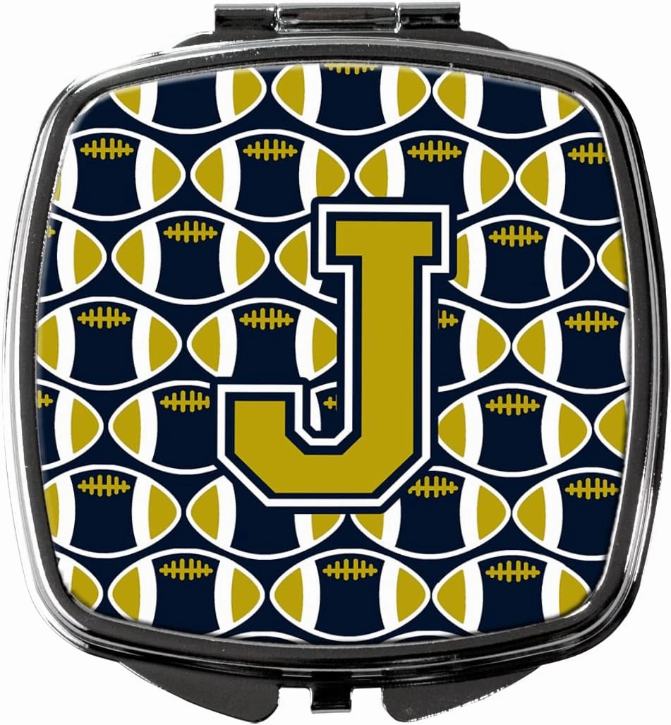 Caroline's Treasures CJ1074-JSCM Letter J Football Blue and Gold Compact Mirror Decorative Travel Makeup Mirror for Women Girls Gifts Pocket Makeup Mirror Folding Handheld