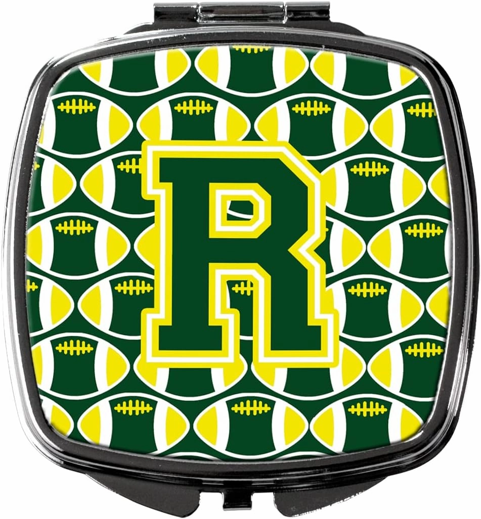 Caroline's Treasures CJ1075-RSCM Letter R Football Green and Yellow Compact Mirror Decorative Travel Makeup Mirror for Women Girls Gifts Pocket Makeup Mirror Folding Handheld