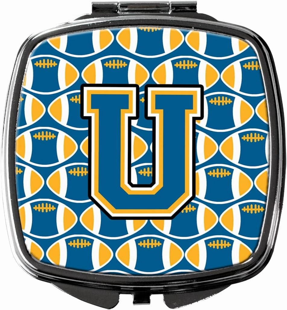 Caroline's Treasures CJ1077-USCM Letter U Football Blue and Gold Compact Mirror Decorative Travel Makeup Mirror for Women Girls Gifts Pocket Makeup Mirror Folding Handheld
