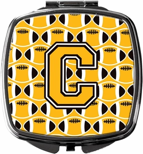 Caroline's Treasures CJ1080-CSCM Letter C Football Black, Old Gold and White Compact Mirror Decorative Travel Makeup Mirror for Women Girls Gifts Pocket Makeup Mirror Folding Handheld