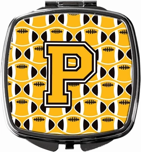 Caroline's Treasures CJ1080-PSCM Letter P Football Black, Old Gold and White Compact Mirror Decorative Travel Makeup Mirror for Women Girls Gifts Pocket Makeup Mirror Folding Handheld