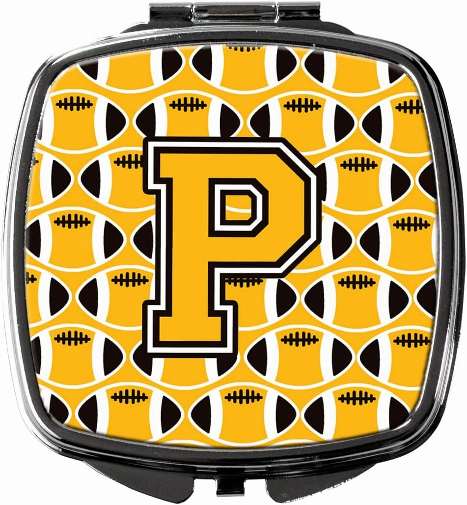 Caroline's Treasures CJ1080-PSCM Letter P Football Black, Old Gold and White Compact Mirror Decorative Travel Makeup Mirror for Women Girls Gifts Pocket Makeup Mirror Folding Handheld