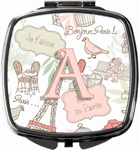 Caroline's Treasures CJ2002-ASCM Letter A Love in Paris Pink Compact Mirror Decorative Travel Makeup Mirror for Women Girls Gifts Pocket Makeup Mirror Folding Handheld