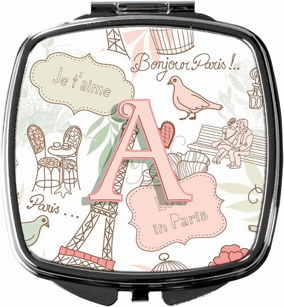 Caroline's Treasures CJ2002-ASCM Letter A Love in Paris Pink Compact Mirror Decorative Travel Makeup Mirror for Women Girls Gifts Pocket Makeup Mirror Folding Handheld
