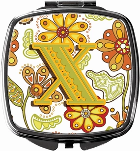 Caroline's Treasures CJ2003-XSCM Letter X Floral Mustard and Green Compact Mirror Decorative Travel Makeup Mirror for Women Girls Gifts Pocket Makeup Mirror Folding Handheld