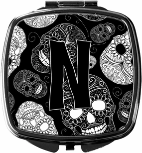 Caroline's Treasures CJ2008-NSCM Letter N Day of the Dead Skulls Black Compact Mirror Decorative Travel Makeup Mirror for Women Girls Gifts Pocket Makeup Mirror Folding Handheld