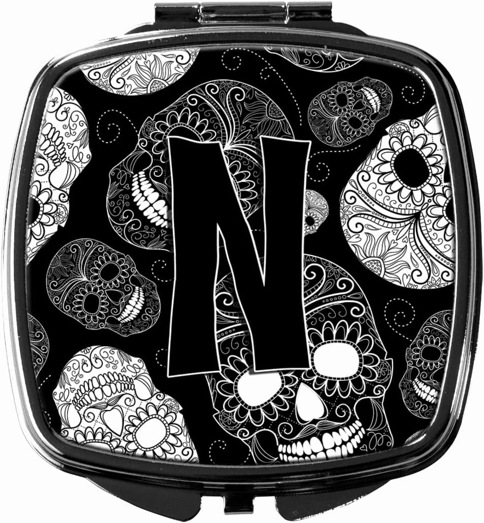 Caroline's Treasures CJ2008-NSCM Letter N Day of the Dead Skulls Black Compact Mirror Decorative Travel Makeup Mirror for Women Girls Gifts Pocket Makeup Mirror Folding Handheld