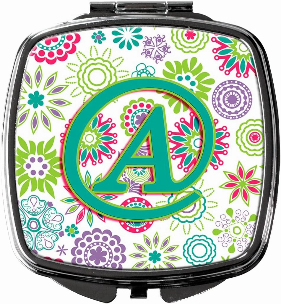 Caroline's Treasures CJ2011-ASCM Letter A Flowers Pink Teal Green Initial Compact Mirror Decorative Travel Makeup Mirror for Women Girls Gifts Pocket Makeup Mirror Folding Handheld