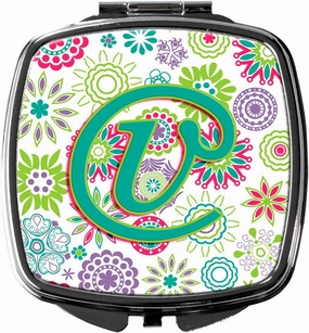Caroline's Treasures CJ2011-VSCM Letter V Flowers Pink Teal Green Initial Compact Mirror Decorative Travel Makeup Mirror for Women Girls Gifts Pocket Makeup Mirror Folding Handheld