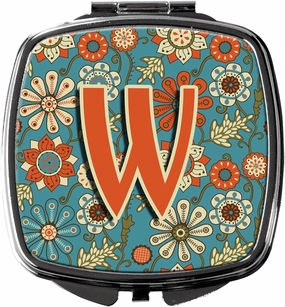 Caroline's Treasures CJ2012-WSCM Letter W Flowers Retro Blue Compact Mirror Decorative Travel Makeup Mirror for Women Girls Gifts Pocket Makeup Mirror Folding Handheld