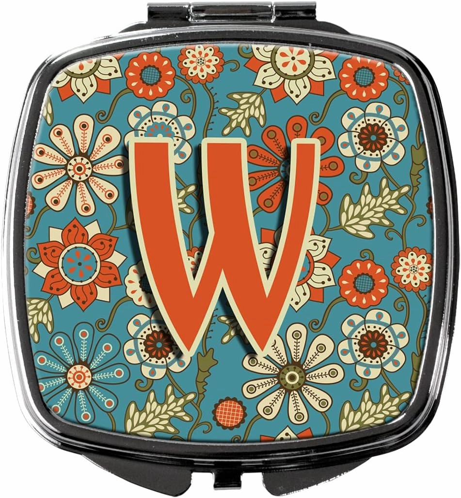 Caroline's Treasures CJ2012-WSCM Letter W Flowers Retro Blue Compact Mirror Decorative Travel Makeup Mirror for Women Girls Gifts Pocket Makeup Mirror Folding Handheld