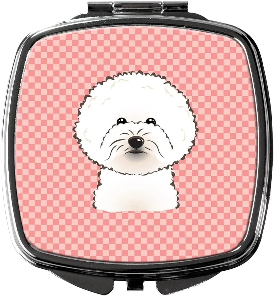 Caroline's Treasures BB1217SCM Checkerboard Pink Bichon Frise Compact Mirror Decorative Travel Makeup Mirror for Women Girls Gifts Pocket Makeup Mirror Folding Handheld
